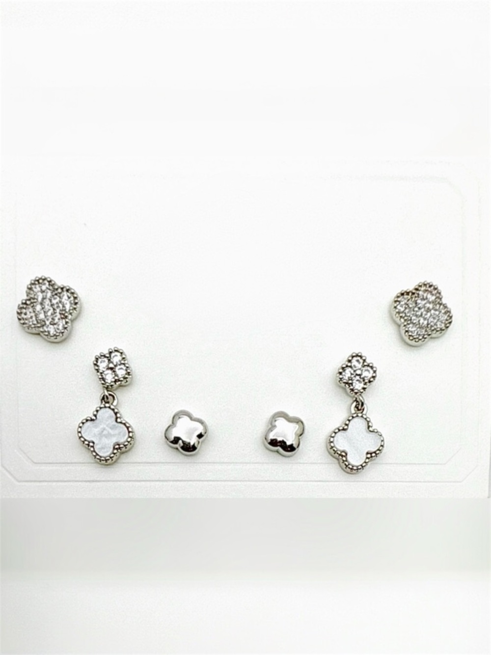 Mother of Pearl & Zirconia w/ Silver Clover Earrings Set 6 Pc Silver Plated